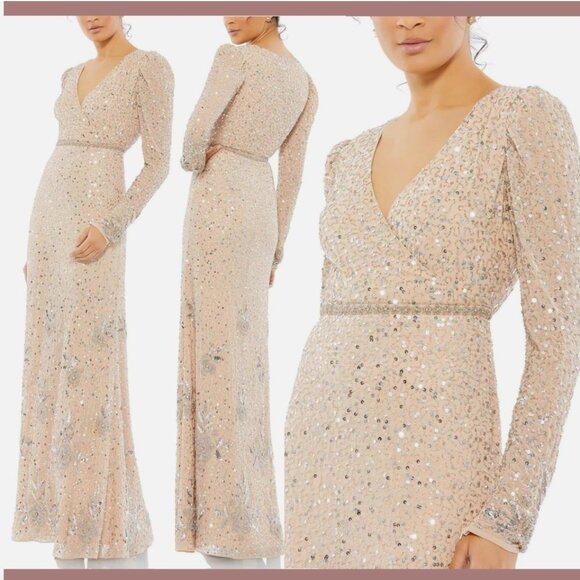 NEW $598 Mac Duggal [ 10 ] Sequin Floral Embellished Long Sleeve Gown Nude #Q458
